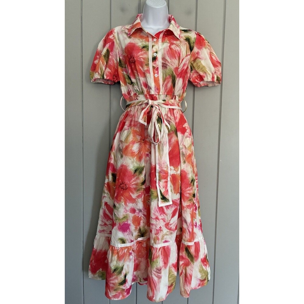NWT Grace Karin Maxi Dress S Small Pink Floral Tie Waist Tiered Collar S/S NEW